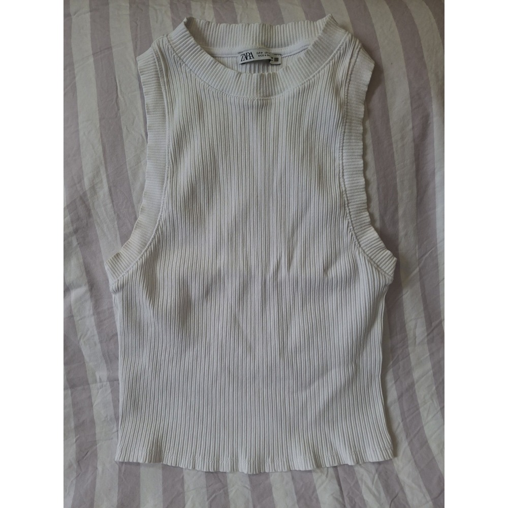 Zara Womens White Ribbed High Neck Racerback Tank Top Size M